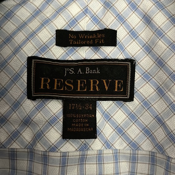 Jos. A. Bank Reserve No Wrinkle Tailored Fit Blue Plaid Shirt 17.5-34 - Picture 2 of 2